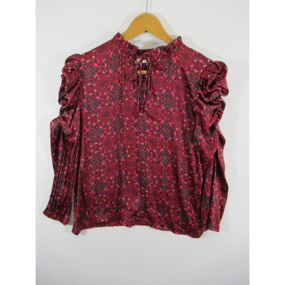 LOFT Satin Keyhole Blouse Women Small Red Floral Puff Sleeve
